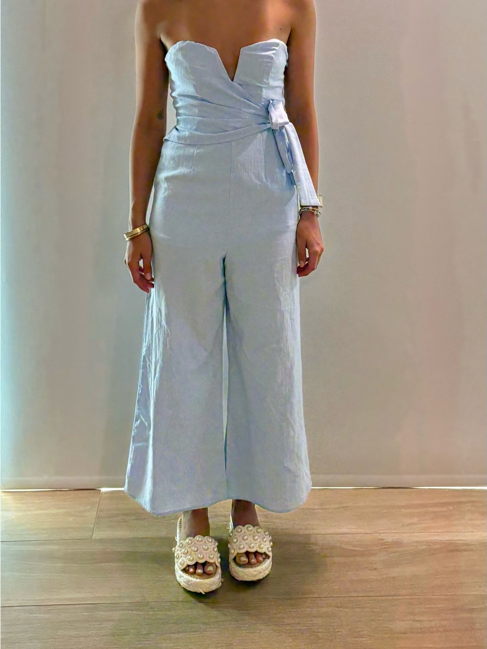 Strapless Light Blue Wide-Leg Jumpsuit with Self Tie Waist